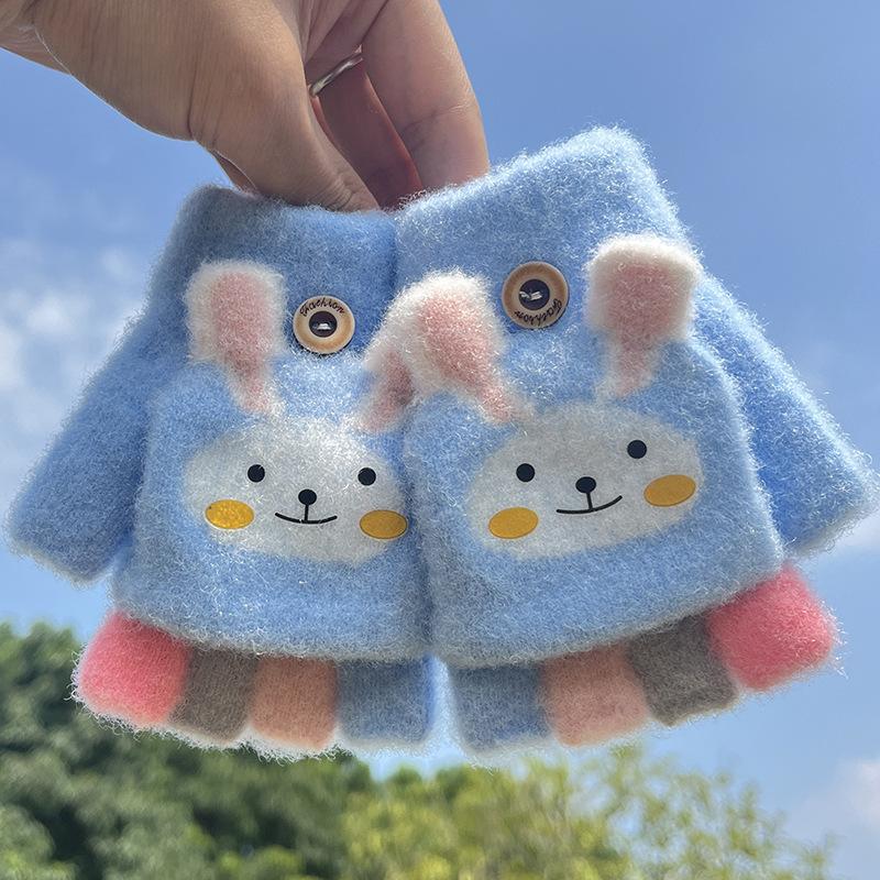 1 Paar warme Cartoon-Kinderhandschuhe für Jungen und Mädchen, süße Tierhasen-Halbfingerhandschuhe, süße Herbst- und Winter-Warmhandschuhe für draußen