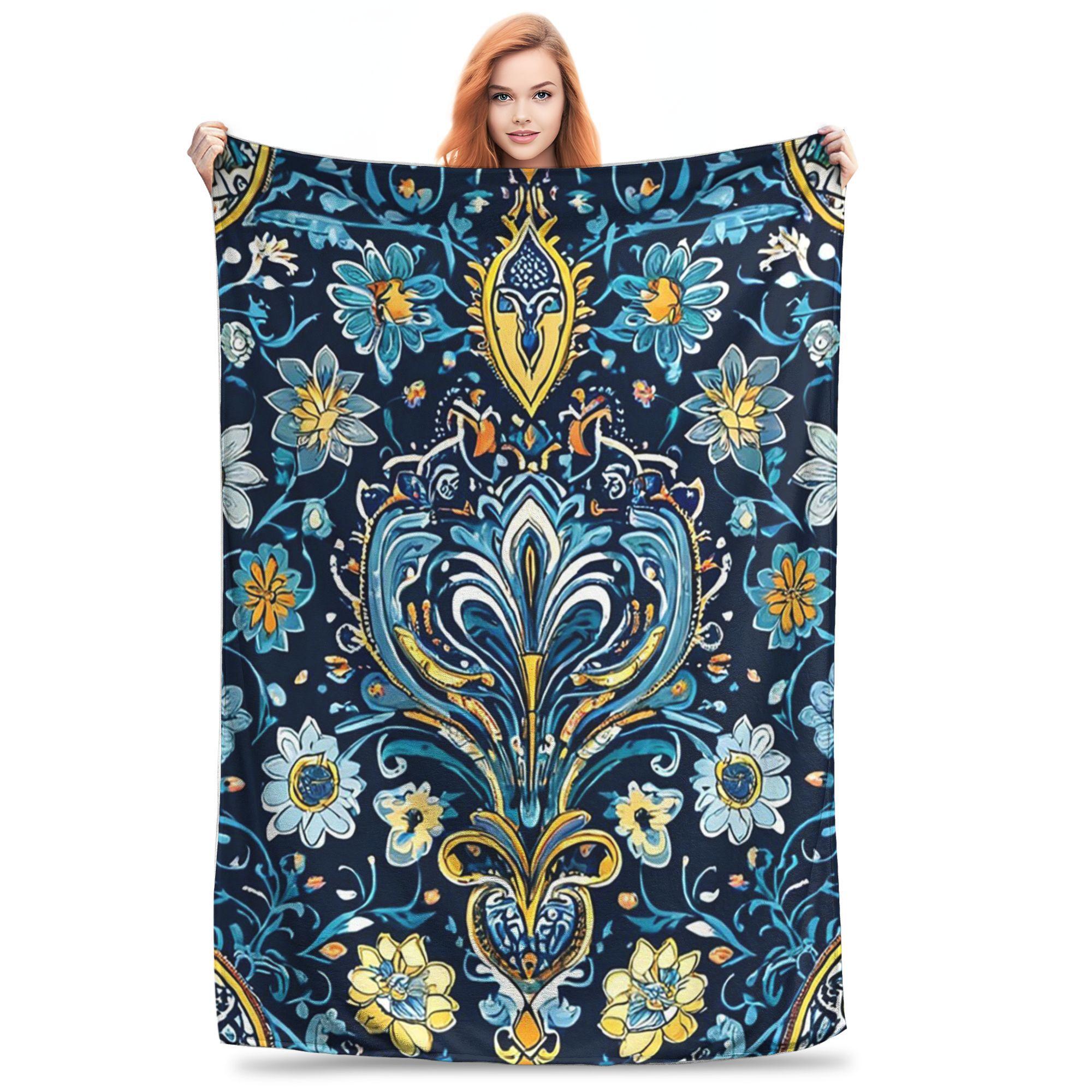 

Flannel Throw Blanket Intricate Floral Elegance Portuguese Tile Pattern Warm Plush Blankets Soft Bedding for Bed Living Picnic 80x120cm