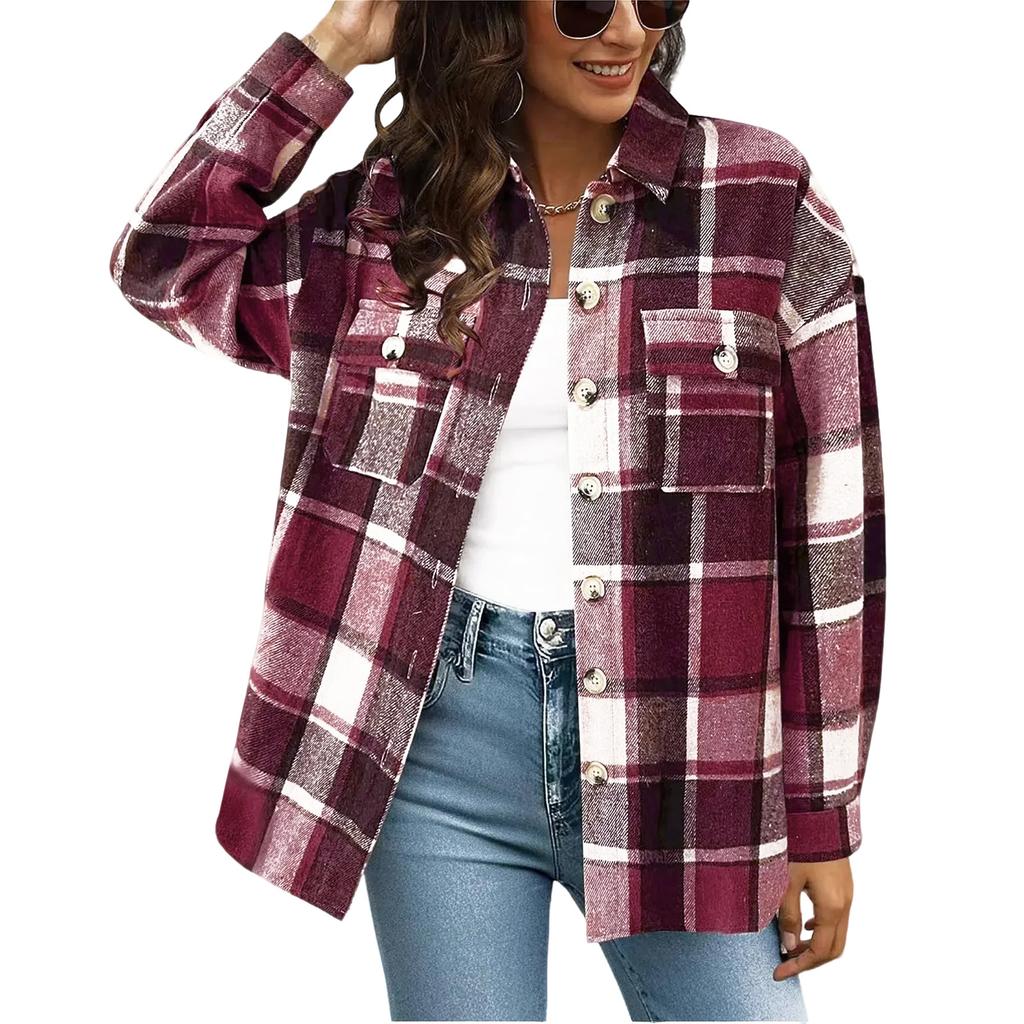 Women's Checkered Button Long Sleeved Loose Casual Shirt Jacket