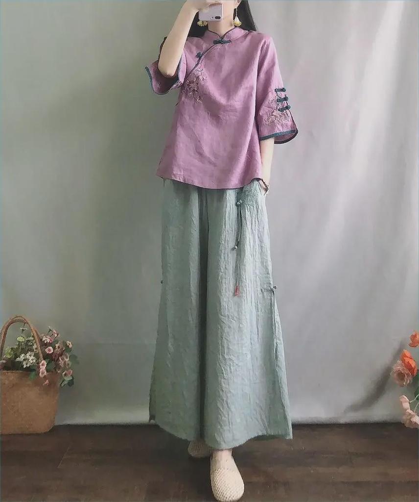 Chinese-Style Retro Cotton-Linen Mid-Sleeve Shirt with Stand-Up Collar and Embroidered Tea Service Design for Women.