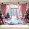 1pc polyester Christmas background with snow scene, pink curtains and holiday decorations - Winter holiday banner decoration