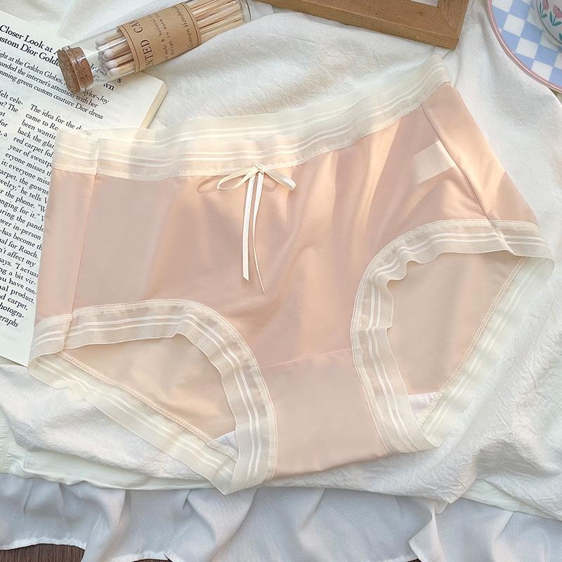 Plus-size Ladies Summer Sweet Lace Edge Ice Silk Cotton Crotch Antibacterial Hip-lifting Mid Waist Triangle Briefs