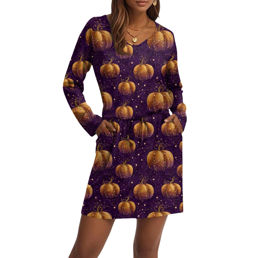 Women's Fashionable V-neck Long Sleeved Drawstring With Pocket Halloween Printed Casual Dress