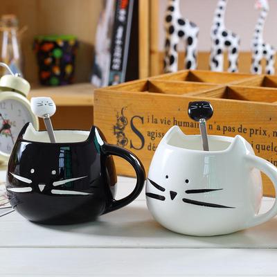 Niedliche Katzenbecher aus Keramik mit Löffel, für Kaffee, Tee, Milch, Tiertassen mit Henkel, 400 ml, Trinkgeschirr, schöne Geschenke