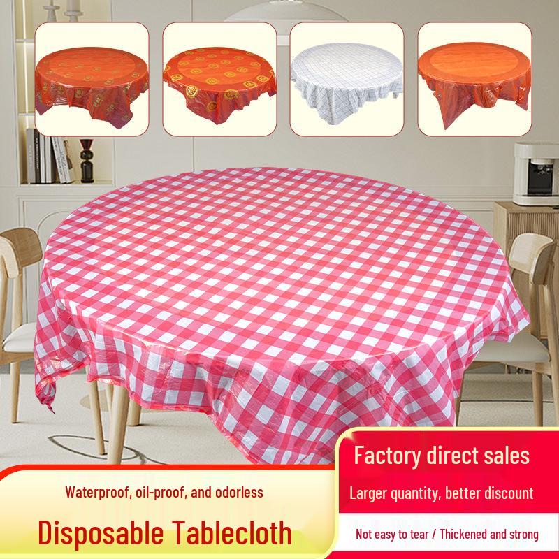 Round Disposable Plastic Tablecloth, 'Xi' Character, Waterproof & Oil-proof for Weddings, Banquets, Celebrations, and Picnics, Extra Thick