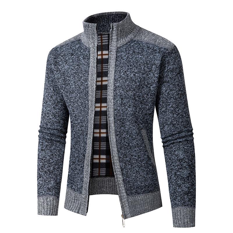 2025 Men's Solid Color Knit Zipper Cardigan - Thick Plus Velvet Coat for Autumn & Winter