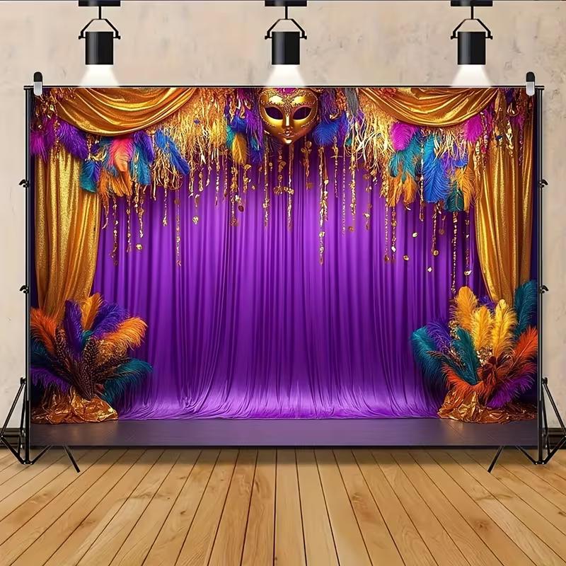 2D Festive Mardi Gras Curtain Backdrop Banner with Golden Mask