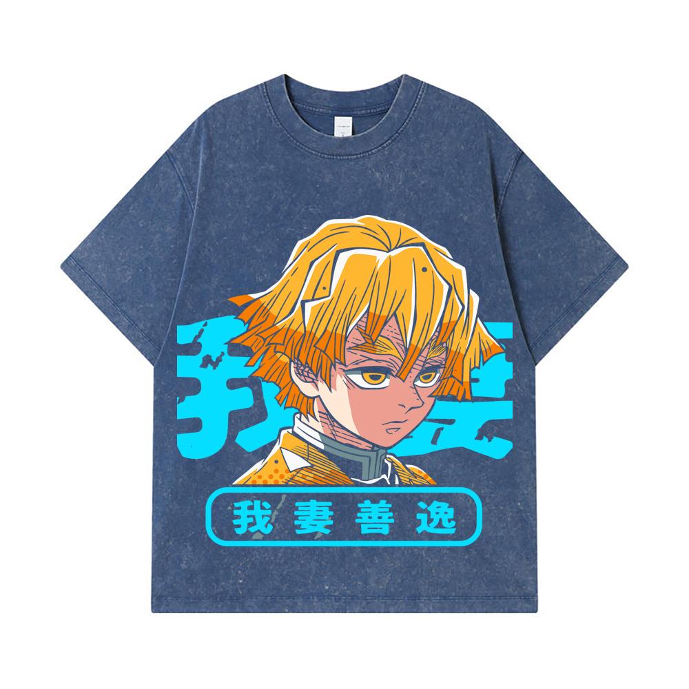 275 GSM Washed T-shirts 100% Cotton Demon Slayer V100 Zenitsu Print Unisex Heavy Cotton T Shirt