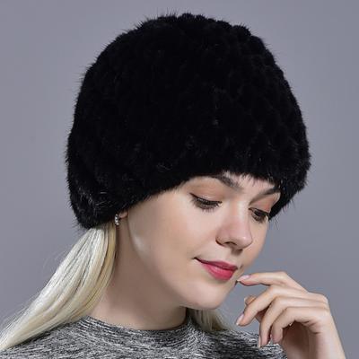 Winter Womens Mink Fur Hats     Fur Knitted Cap Fashionable Fluffy Ladies Genuine Fur Beanie Female Black Fur Caps