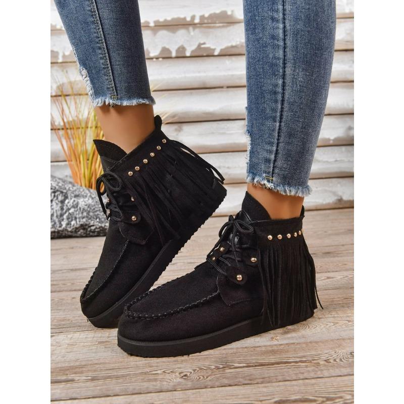 Women's Plus Size Lace-Up Ankle Tassel Boots New Autumn/Winter Style Roman-Inspired Versatile Flat Ankle Boots