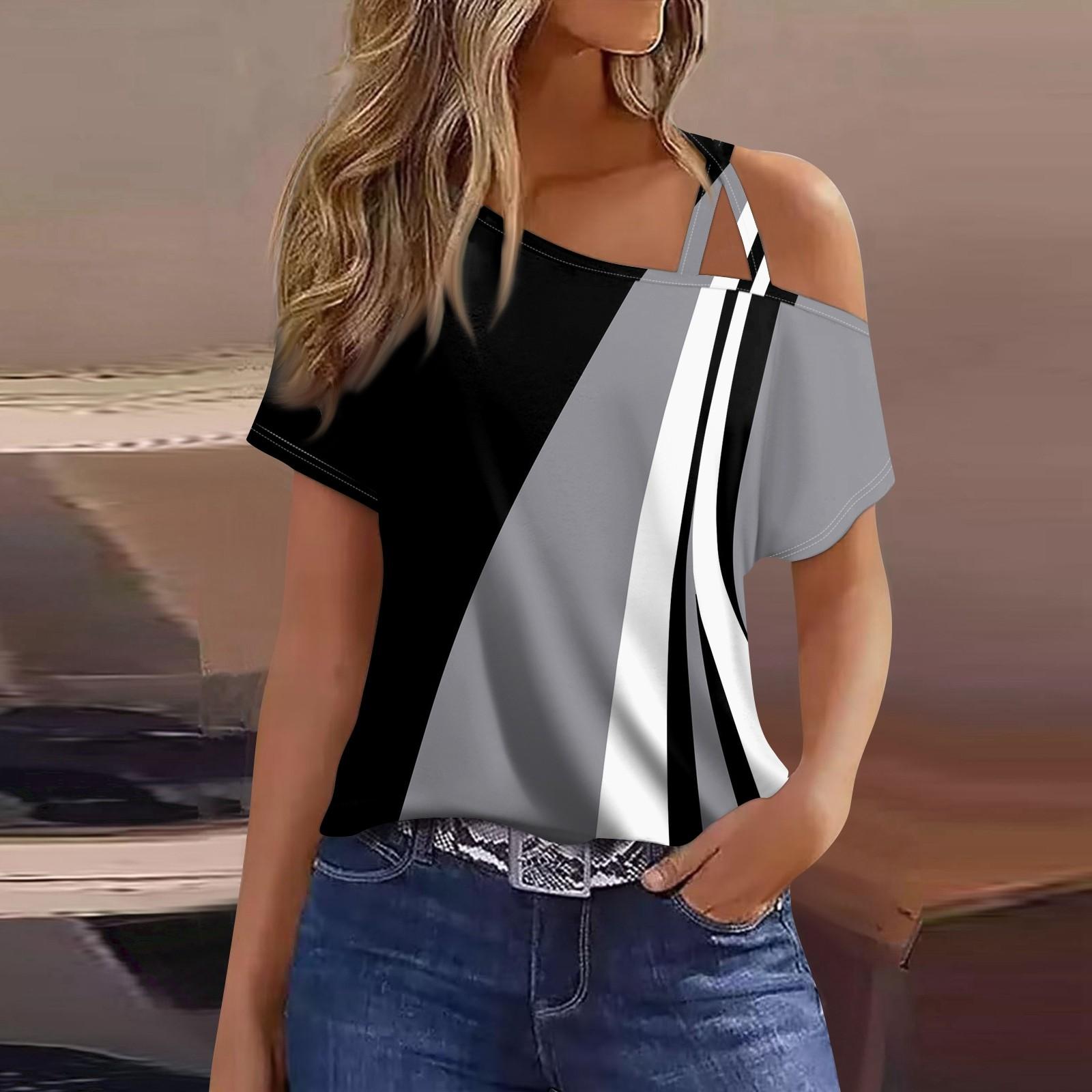 

Женская модная повседневная футболка с принтом, сексуальная футболка с короткими рукавами и открытыми плечами, топ XL