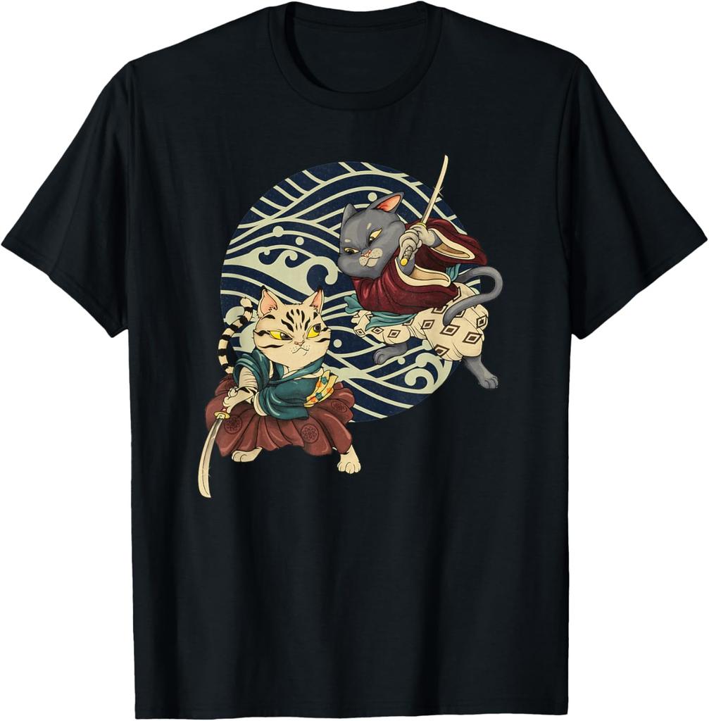 Ninja Cat Kawaii Tattoo Japanese Graphic T-Shirt Summer Men 100% Cotton Casual Oversized Loose Breathable T Shirts