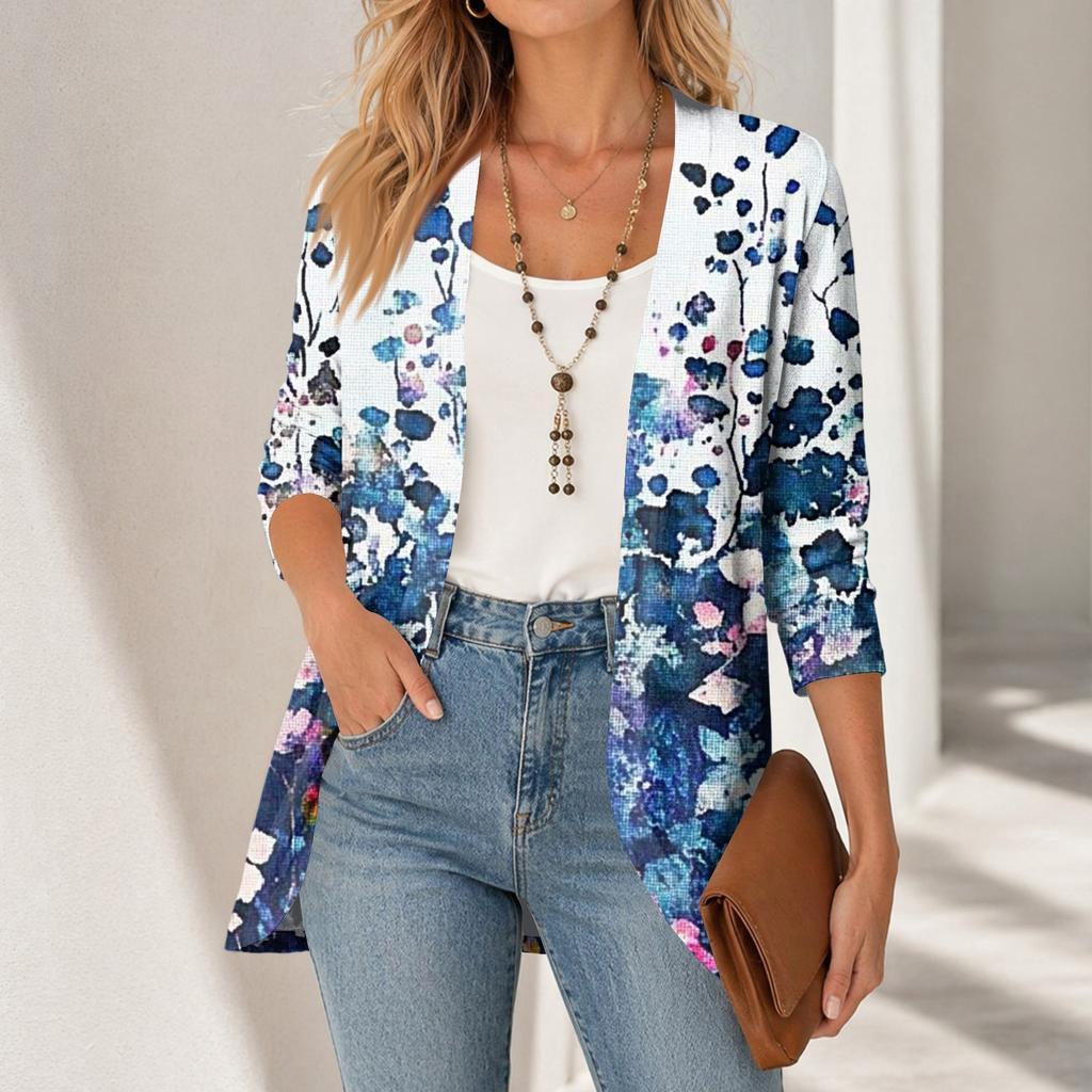 Damen Vintage Cardigan mit Blumendruck, Dreiviertelärm, Lässiger lockerer Schnitt, Leicht für Frühling Sommer