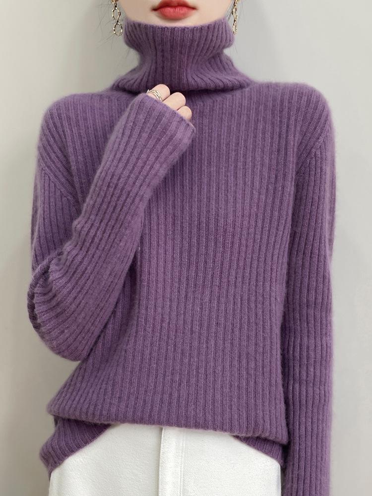 Women's Ribbed Turtleneck 100% Wool Sweater - Stylish Autumn/Winter Thick Knit Pullover Inner Layer Top
