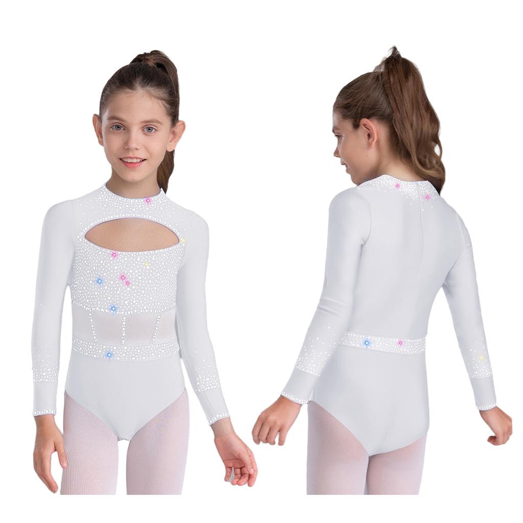 Girls Dance Bodysuit Long Sleeve Rhinestone Leotard with Back Zipper & Cutout for Performance