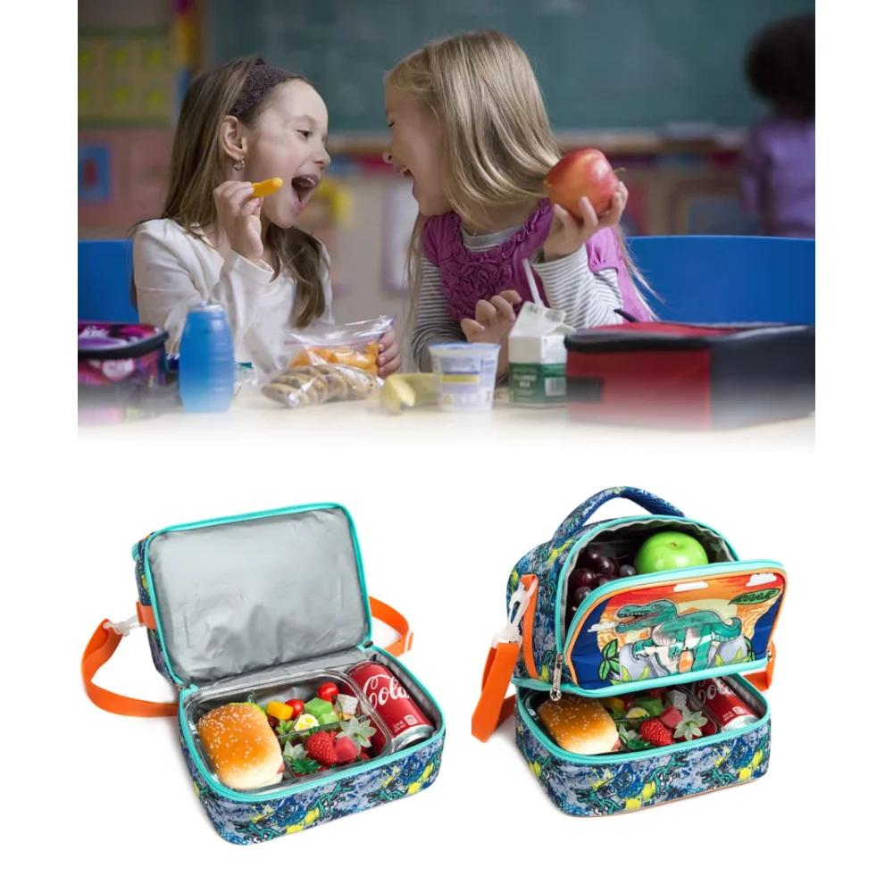 Lunch Bag for Kids Dinosaur Insulated Bag Boy Girl Waterproof Double Compartment Thermal Adjustable Shoulder Strap