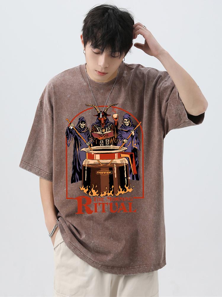 The Morning Ritual Coffee Funny Washed Retro Men T Shirts Summer Cotton T-Shirts Breathable Loose Clothes