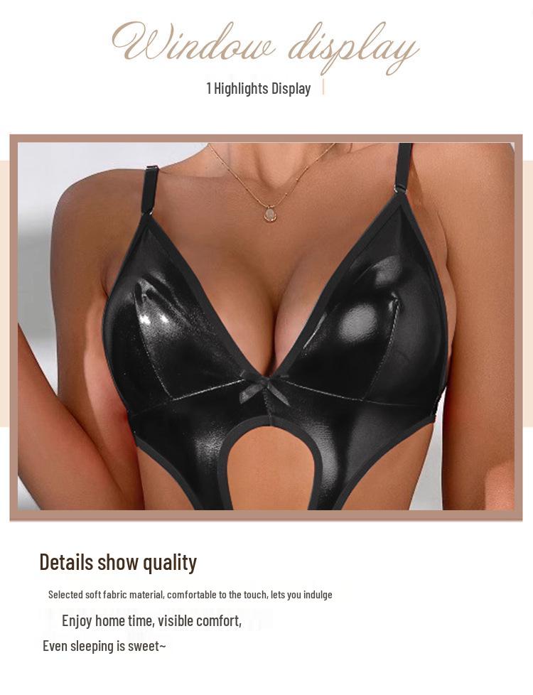 European & American Patent Leather Chain Hollow Bodysuit - Sexy Lingerie Set