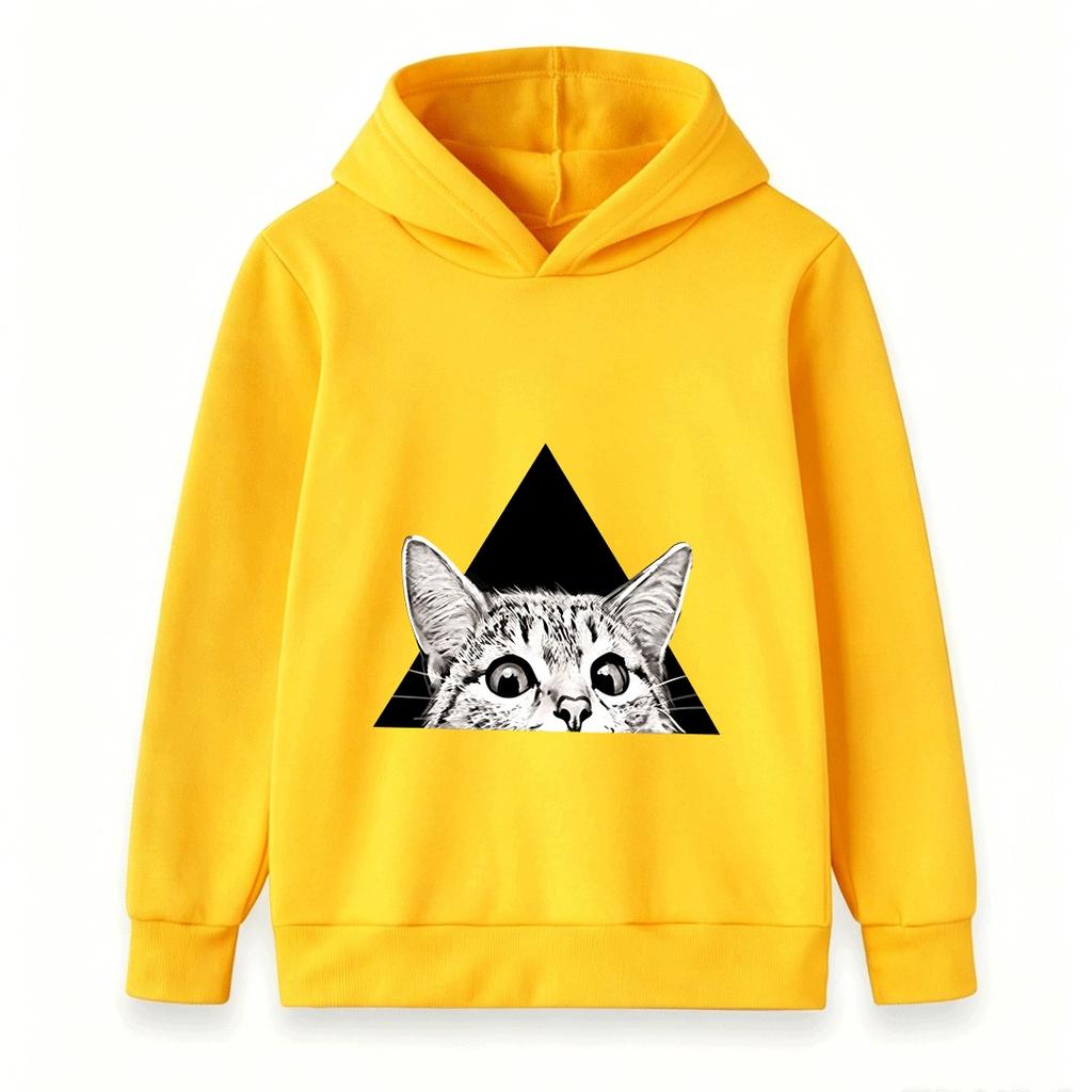 Kids Boys Girls Hooded Sweatshirt, Funny Peeking Cat Triangle Graphic Casual Pullover Hoodie, Soft Long Sleeve Streetwear for Children