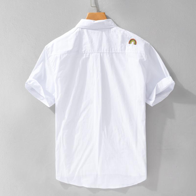 Summer Fashion Men Shirts Short Sleeve White Shirt Youth Streetwear Embroidery Funny Shirt Lapel Collar Pure Cotton Casual Tops with Pocket