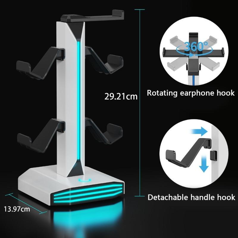 Functional Game Controller Stand Including Power Outlets And LED Features Perfect For Headphones Organization