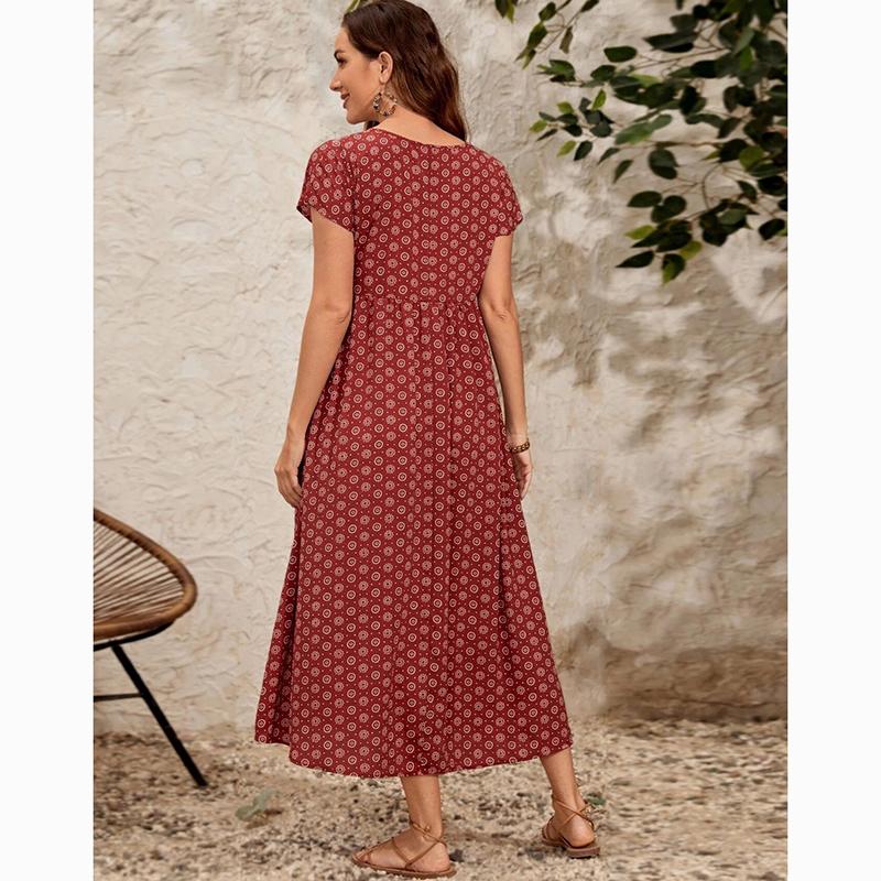 Letnia sukienka vintage z krótkim rękawem i dużym rozmiarem, damska, dekolt w serek, elegancka, swobodna, długa sukienka, damska, linia A, nadruk, luźne, oversize'owe sukienki damskie 24517