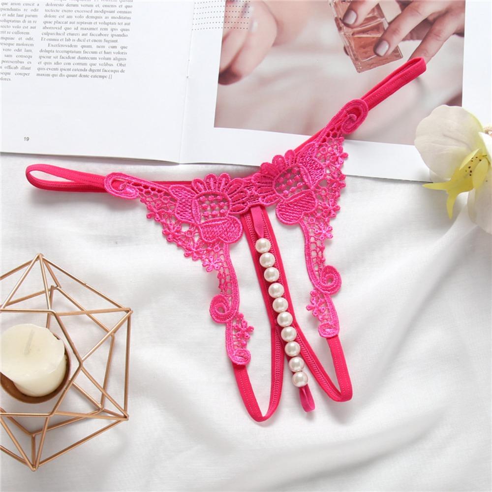 Stylish Transparent Embroidered Sexy Women's Panties Hollow Pearl Massage Open Crotch T Pants Low Waist Thong 2200