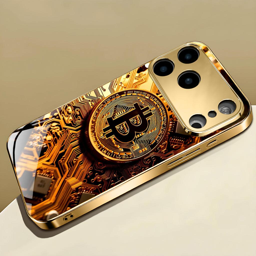 Premium Gold Bitcoin Tech Pattern For Iphone 17 Case Fashion Phone Cases Glass Phone Case for iPhone 17 16 15 14 13 Pm Pro Plus