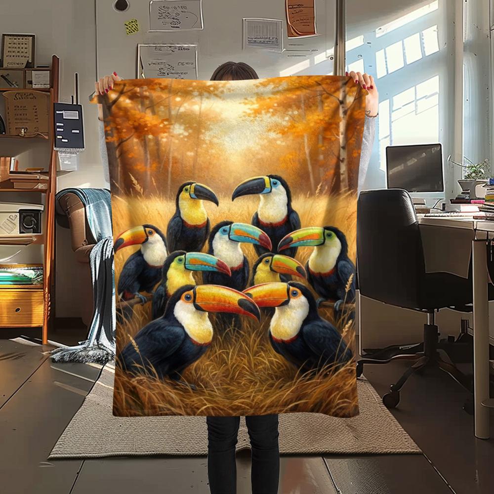 1PC Toucan Oil Painting Print FlAannel Blanket, High quality Comfortable for All Seasons, Home Decor, Warmth and Comfort