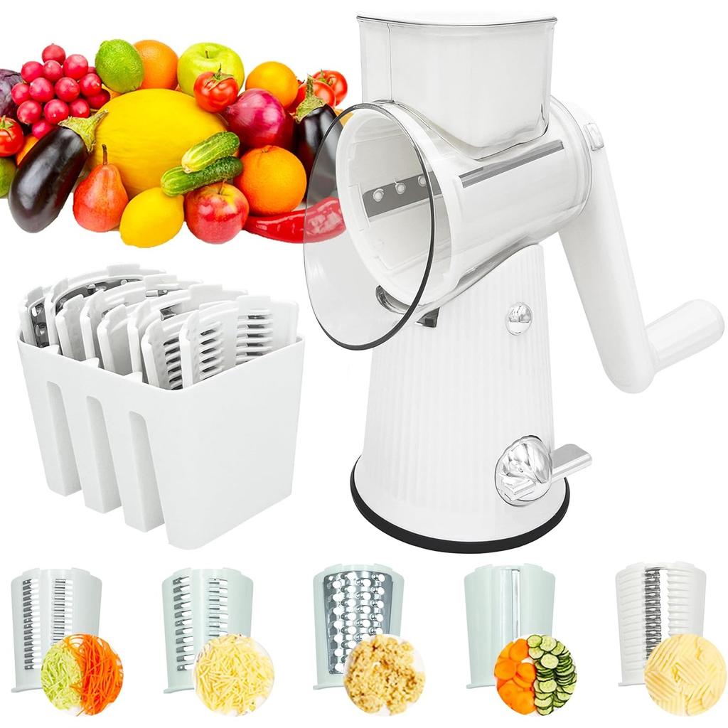 5-in-1 Rotary Cheese Grater Multifunctional Kitchen Mandoline Slicer with Handle & Strong Suction Base Replaceable Stainless Blades Cheese