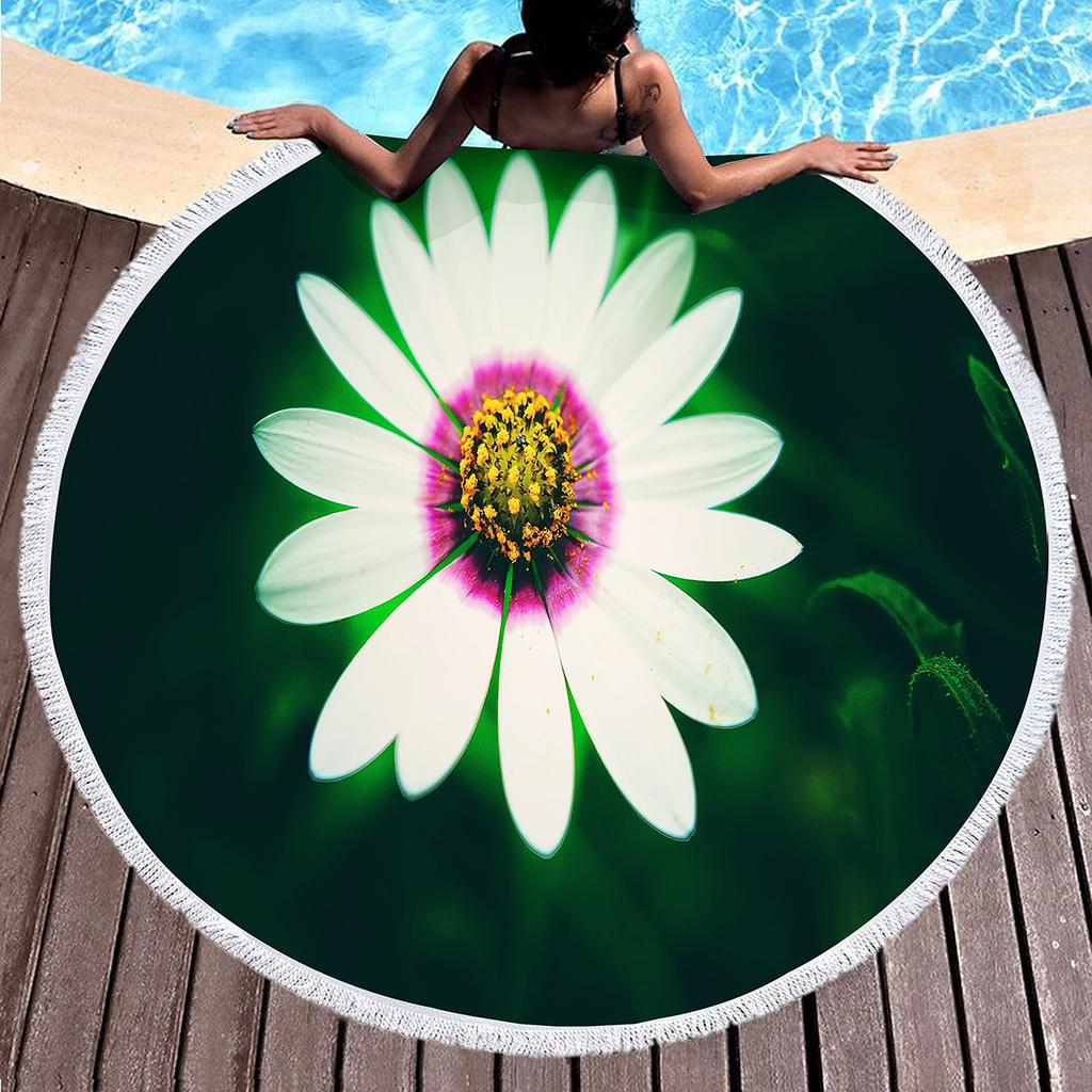 Floral Daisy Round Beach Towel,Microfiber Beach Blanket Sand Free Quick Dry Swim Pool Bath Circle Towel with Tassel for Teen Men