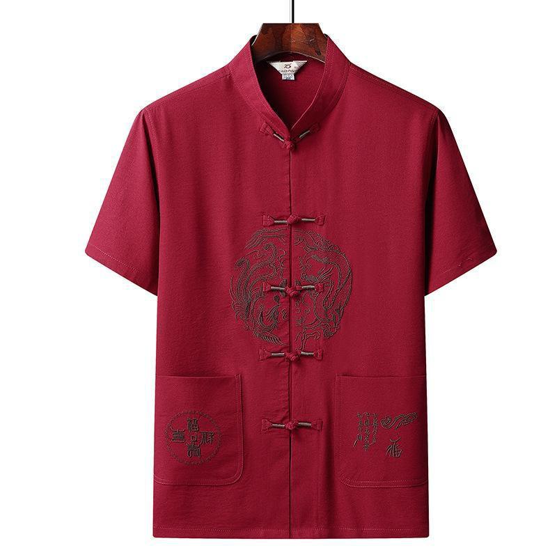 Men's Summer Ice Silk Tang Suit: Thin Retro Hanfu Set with Frog Button Embroidery for Middle-Aged and Elderly.