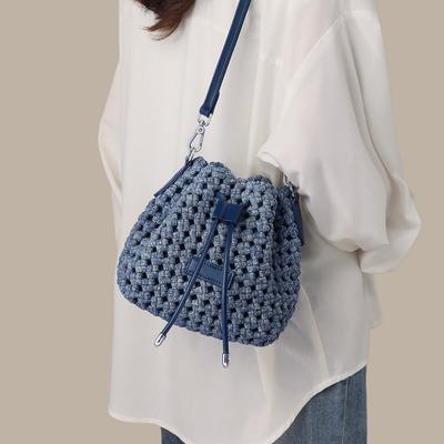 Womens Woven Bucket Bag Crossbody Shoulder Small Soft Fabric Tote Daily Street Style