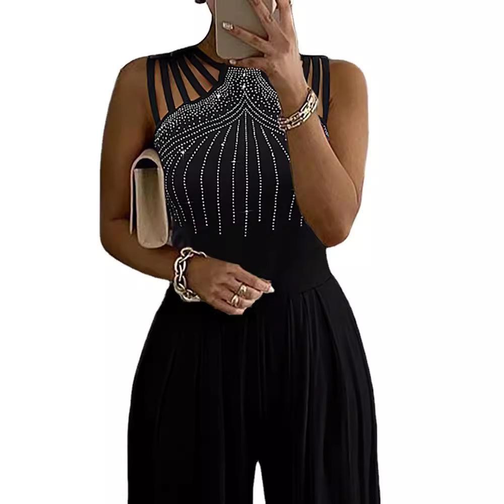 2023 Strass Weitbein-Jumpsuit: Europäischer & Amerikanischer Sommerstil, Taillenbetontes einfarbiges Kleid