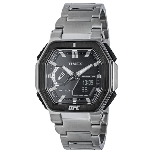 TIMEX UFC Colossus Watch, Black Dial, Quartz Movement, 100M Water Resistance, Mineral Glass, 45.5mm, TW2V84600, Men's, Silver