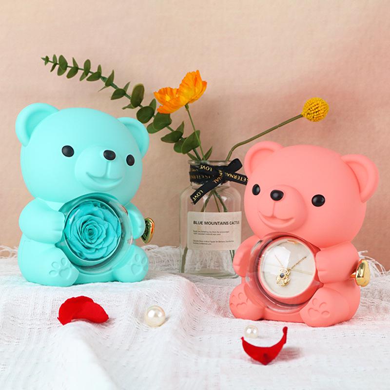 High-Quality Rotating Bear Jewelry Box with Everlasting Flowers - Perfect Valentine's Day Gift