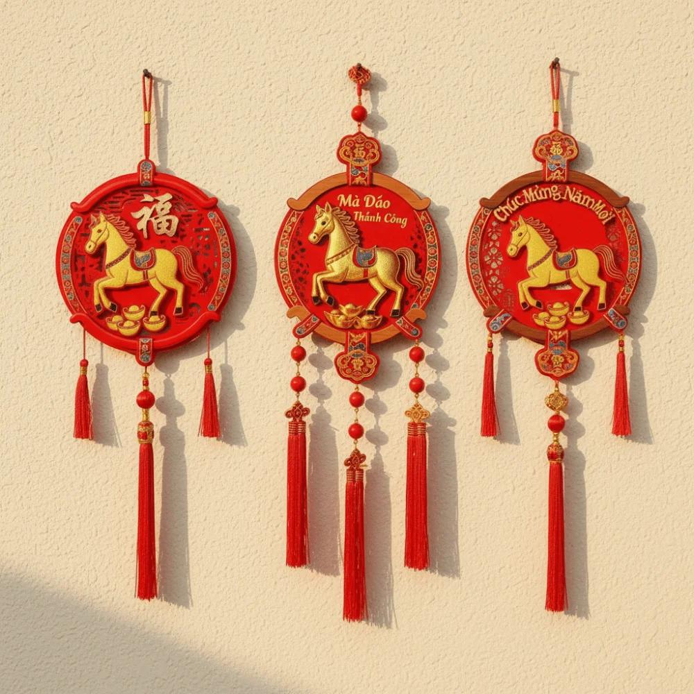 Chinese Style New Year Decorative Hangings Spring Festival Gold Foil Embossing Festive Ornaments with Tassel Year of The Horse