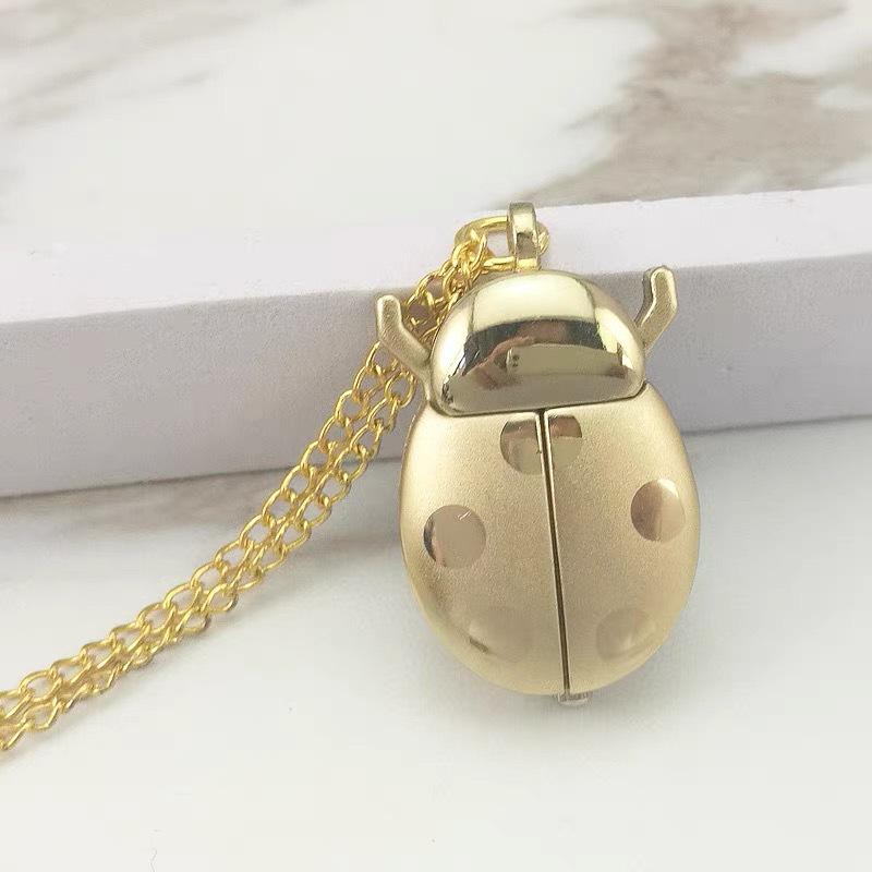 Seven-Star Ladybug Retro Beetle Necklace: Cute Carton Pocket Watch with Flip Cover for Kids