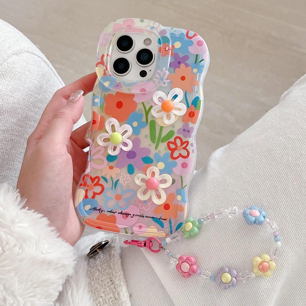 Bead Bracelet Chain Phone Case For iPhone 16 17 15 14 13 11 12 Pro Max Plus 3D Flower Bracket Holder Stand Lanyard Cover
