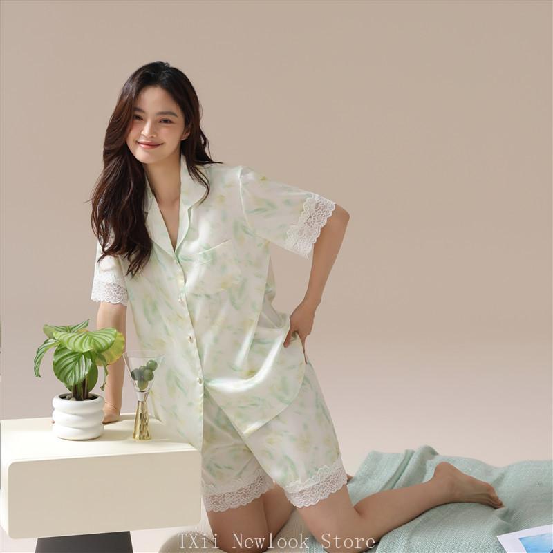 

Пижама из искусственного шелка Ice Silk для женщин, весна-лето, тонкая, прохладная, с короткими рукавами, комплект домашней одежды 2XL