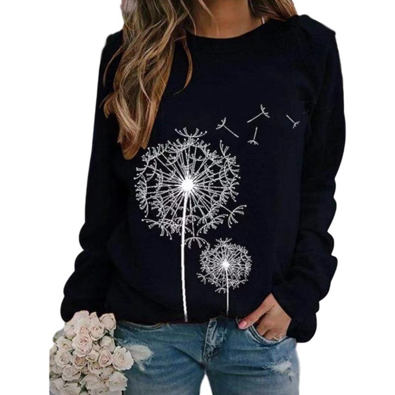 Herbst Frühling Damen Pullover T-Shirt Langarm Rundhals Oberteil Tee Löwenzahn Druck Basic Tunika Oberteil Lässige Blusen Sweatshirt