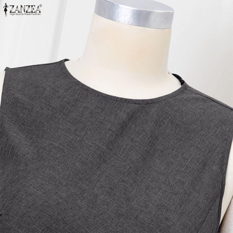 ZANZEA Women Casual Round Neck Solid Color Summer Sleeveless Dress