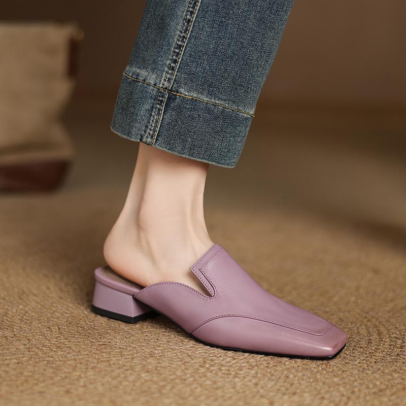 Fashion 2025 Summer Women Shoes Genuine Leather Square Toe Women Sandals Solid Modern Sandals for Women Chunky Heel Women's Mules Shoes