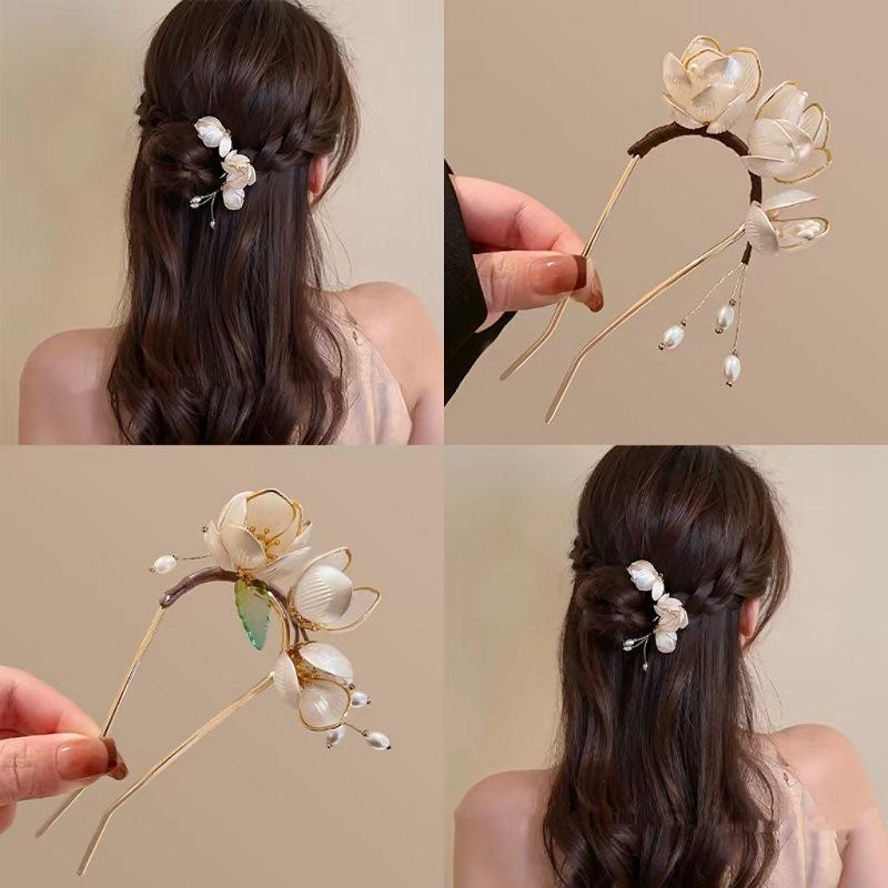 Elegant Pearl Flower U Shape Hair Sticks Hairpin Chinese Style Sweet Flowers Leaves Hair Stick for Women Girl Hair Fork Hanfu