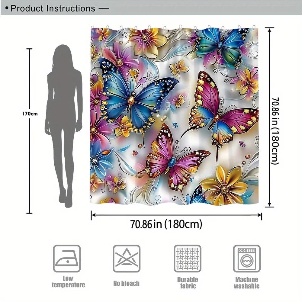 Vibrant Butterfly & Flower Shower Curtain - Multicolored Jewel Accents, Fairy-Tale Quality, Pastel Colors, Bathroom Decor