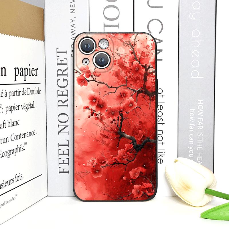Retro Künstlerisches Rotes Blume Pflaumenblüte Muster Handyhülle für iPhone 17 16 12 11 14 Plus 13 15 Pro Max Mini X XS XR Weiche Hüllen