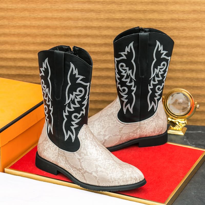 

Fashion High Quality Embroidered High Top Men Leather Boots Classic Retro Style Western Denim Boots Fashionable Luxury Brand Casual Boot 38 бежевый