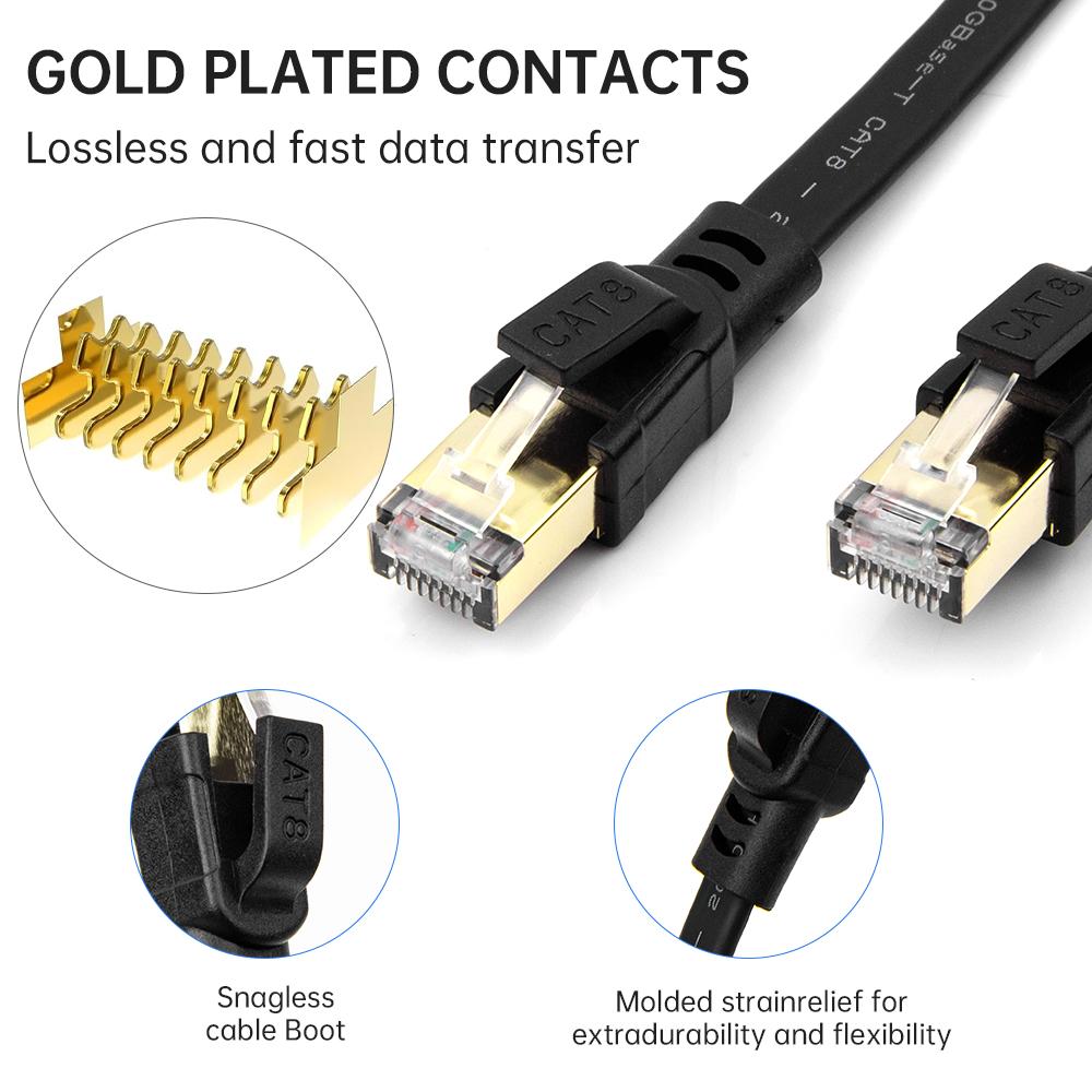 

Позолочена головка 5м Чорний Cat8 Плоский кабель - Для домашньої гігабітної та 10G мережі Високошвидкісне використання чорний