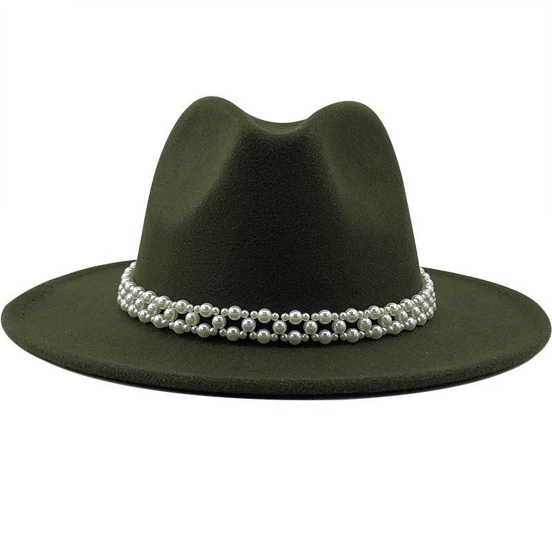 Woolen Hat Elegant Fashion Pearl Woolen Hat British Style Jazz Hat Big Brim Hat Women's Autumn and Winter Top Hat