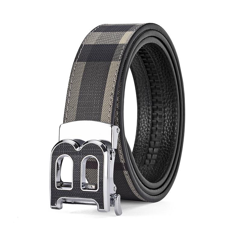 

Мужской кожаный ремень бренда B с пряжкой в виде буквы B - Клетчатый ремешок, Стильная деловая мода 105cm